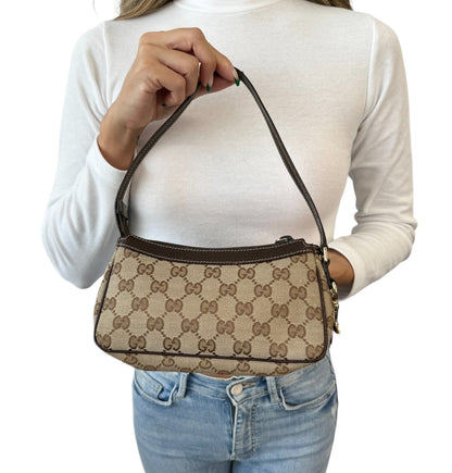 GUCCI Vintage GG Monogram Logo Pochette Mini Bag Charm Brown Canvas 902817
