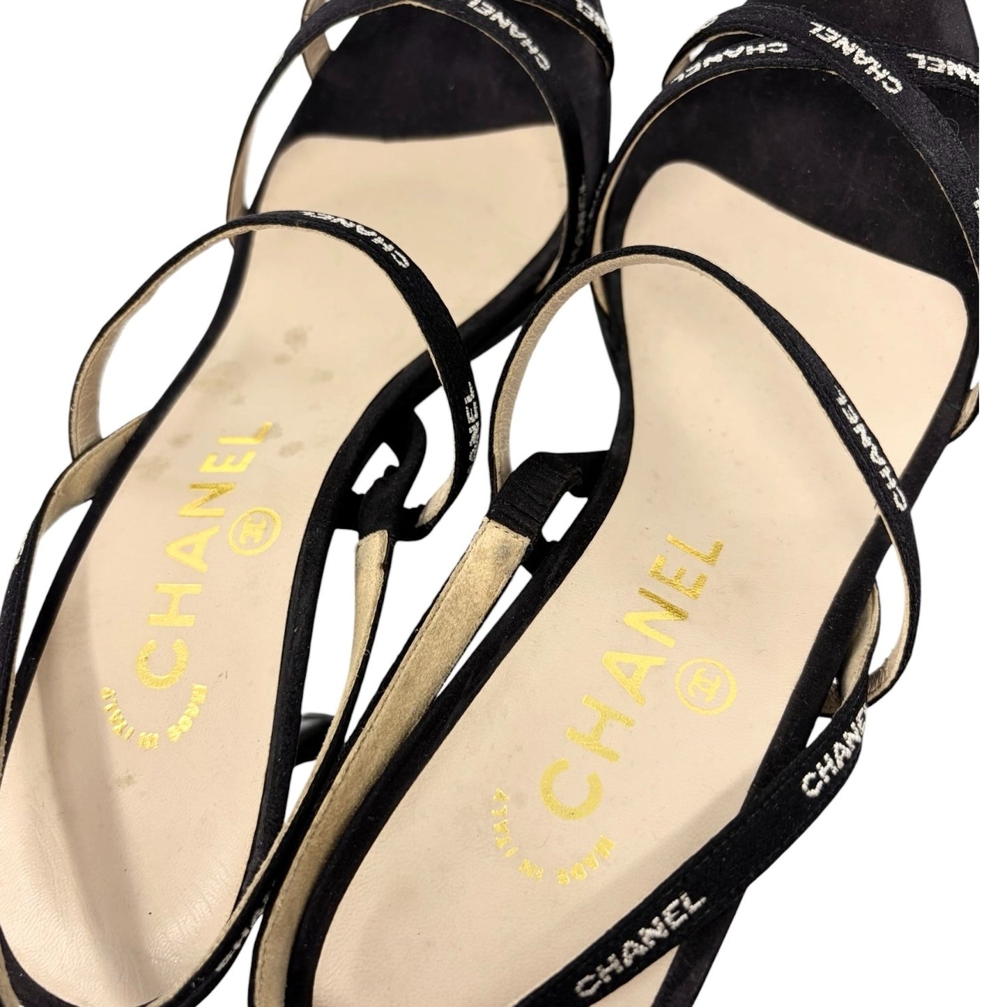 CHANEL Vintage 96C Logo Satin Ribbon Sandals Heels #36.5 Black White 902561