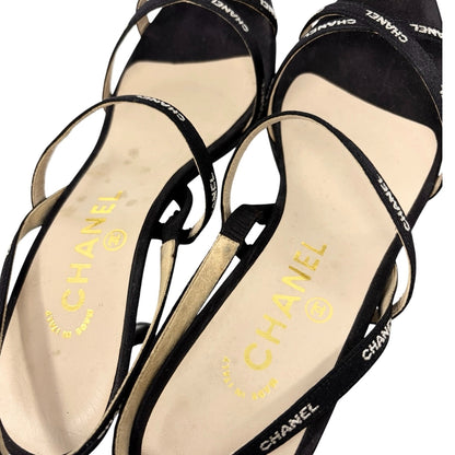CHANEL Vintage 96C Logo Satin Ribbon Sandals Heels #36.5 Black White 902561