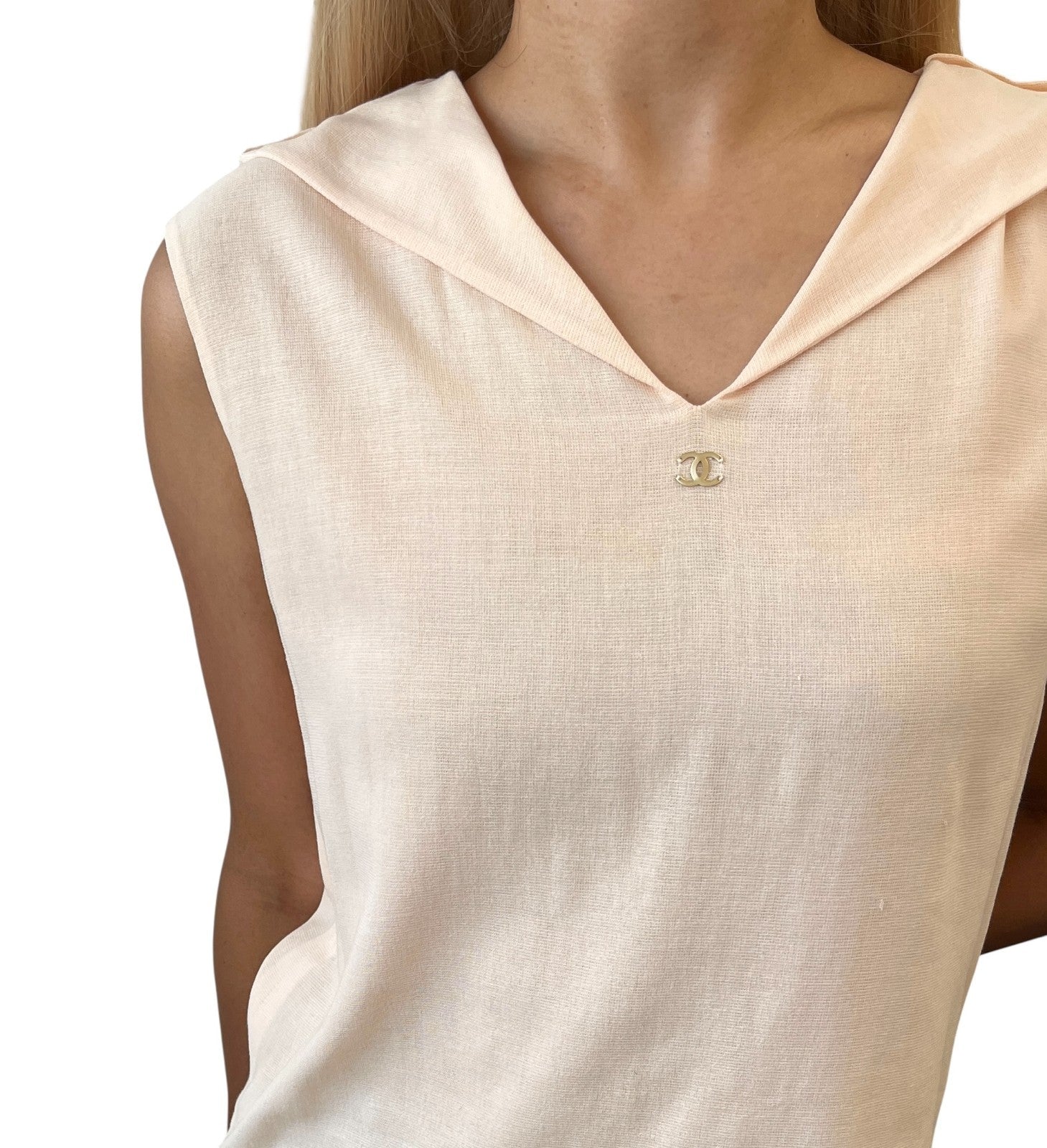 CHANEL Vintage 99P CC Sailor Collar Sleeveless Tank Top Blouse #40 Pink Cotton
