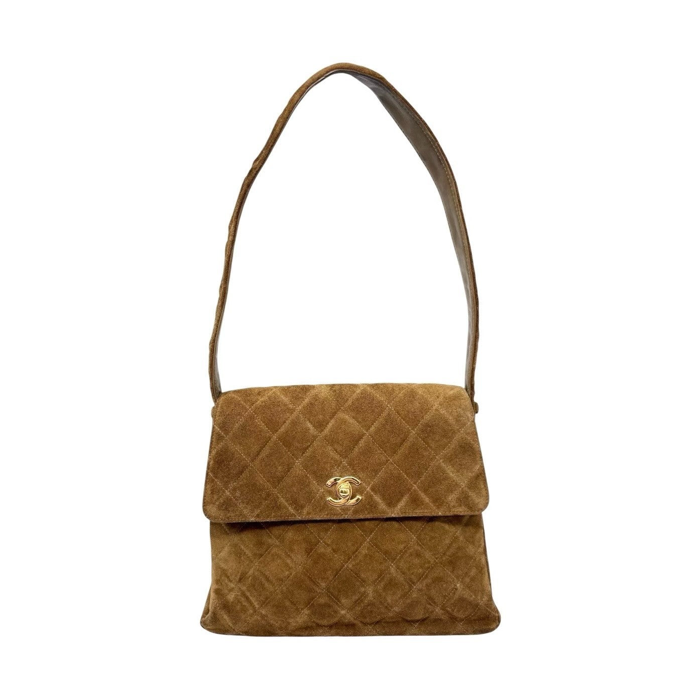 CHANEL Vintage CC Logo Turnlock Quilted Suede Flap Shoulder Bag Brown