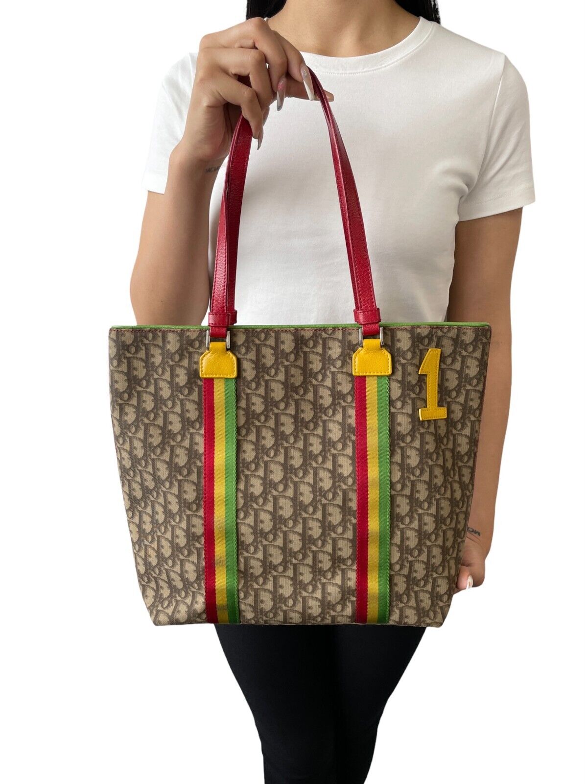 Christian Dior Vintage Trotter Monogram Tote Bag Rasta Color PVC Beige RankAB