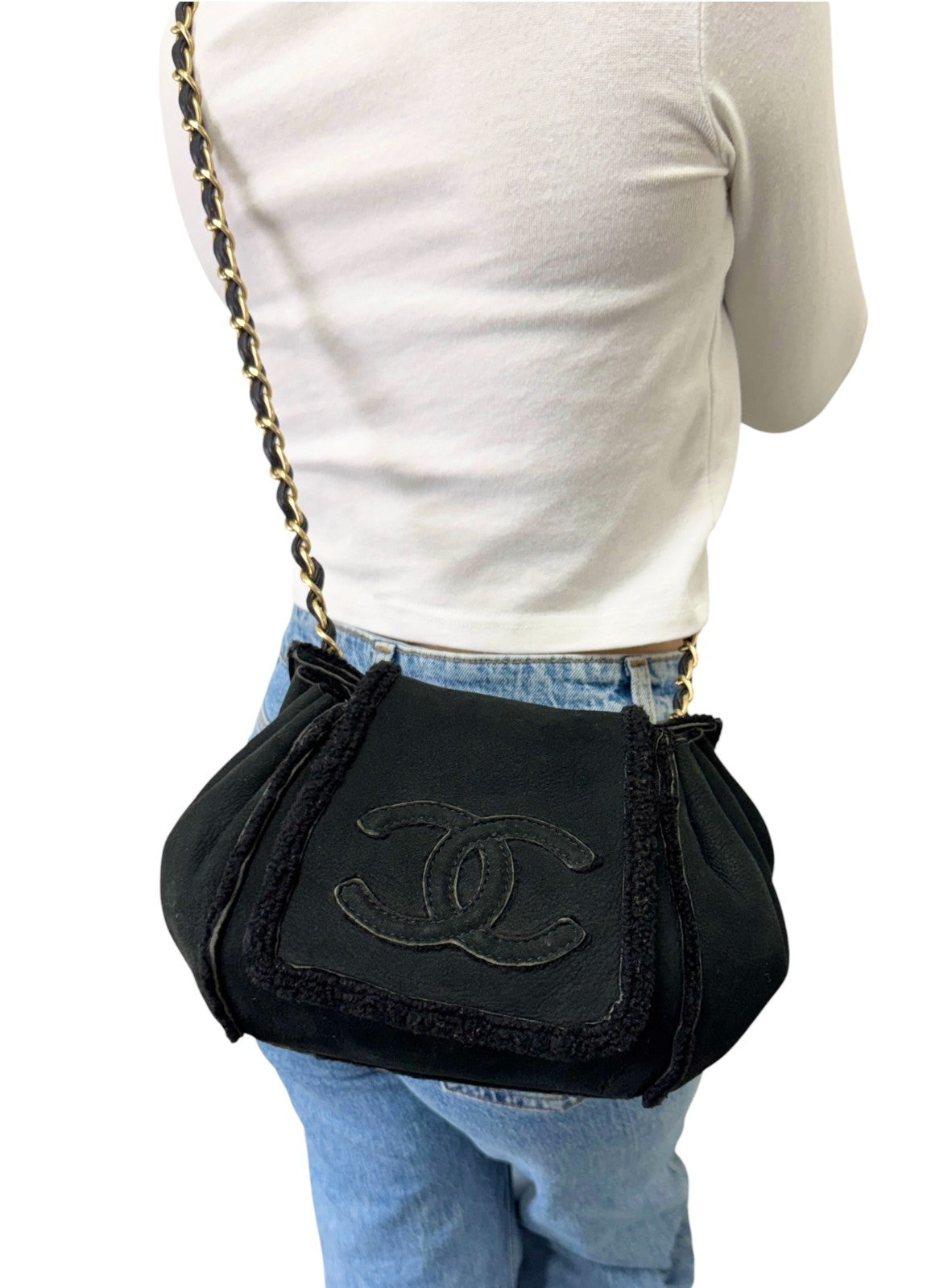 CHANEL Vintage CC Logo Mouton Chain Shoulder Bag Black Gold Suede 902831