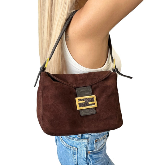 FENDI Vintage FF Glitter Mamma Baguette Shoulder Bag Brown Gold Suede 902045