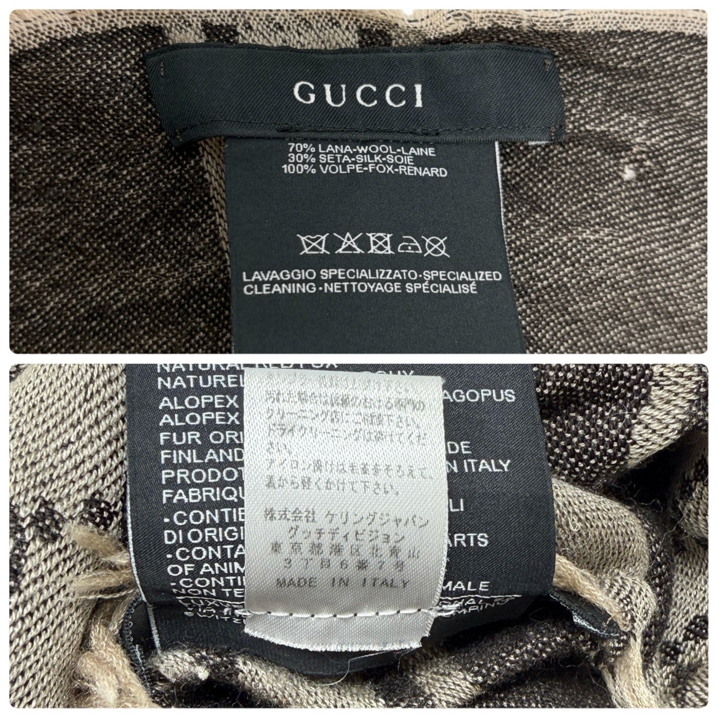 GUCCI Vintage GG Logo Monogram Fox Fur Shawl Scarf Wrap Gray Brown 902234