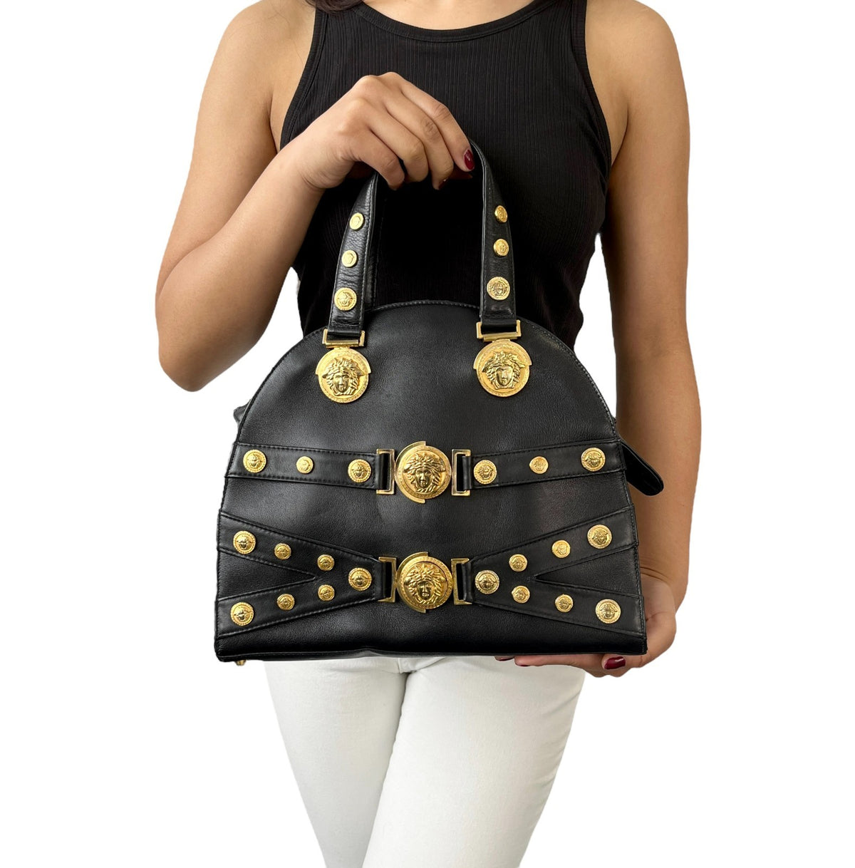 GIANNI VERSACE Vintage Medusa Logo Top Handle Bag Black Gold Leather Zip 902957