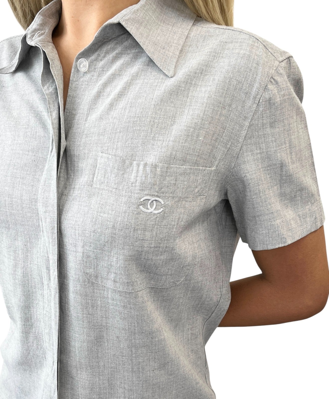 CHANEL Vintage 99P CC Logo Button Up Shirt #42 Blouse Top Pocket Gray Rayon