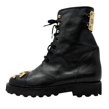 CHANEL Vintage CC Logo Lace-up Ankle Boots #36.5 Short Boots Black Gold Leather