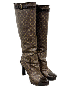 LOUIS VUITTON Vintage LV Monogram Logo Long Boots #37 Heels Brown Black Leather