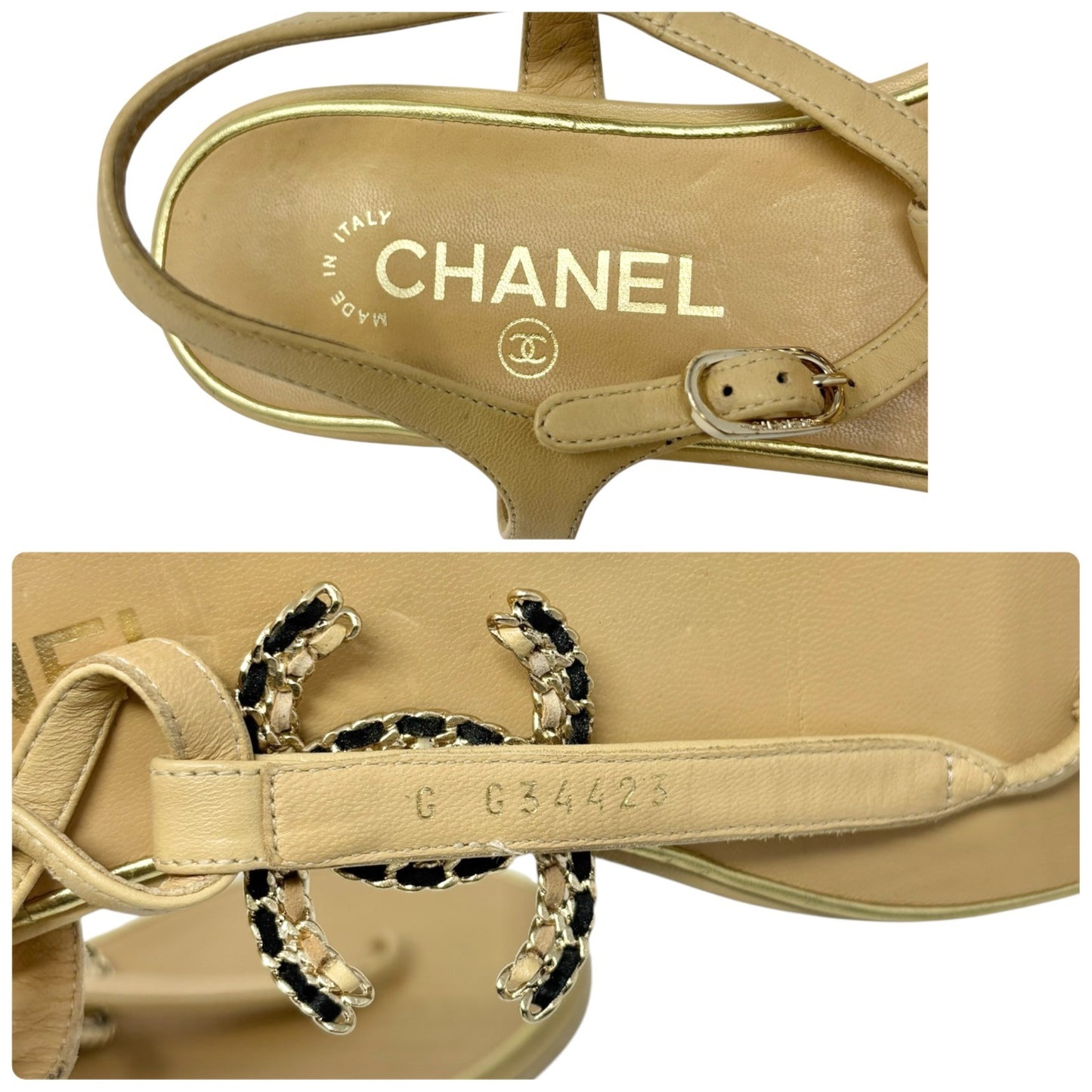 CHANEL Vintage CC Logo Thong Sandals Heels #39 Cream Gold Black Leather