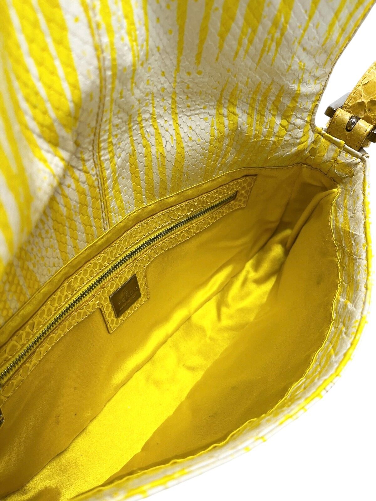 FENDI Vintage FF Logo Mamma Baguette Shoulder Bag Yellow White Leather Rank AB