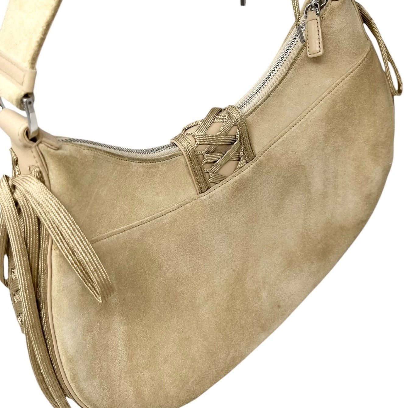 Christian Dior Vintage 2002 Admit It Suede Shoulder Bag Lace Up Beige Silver
