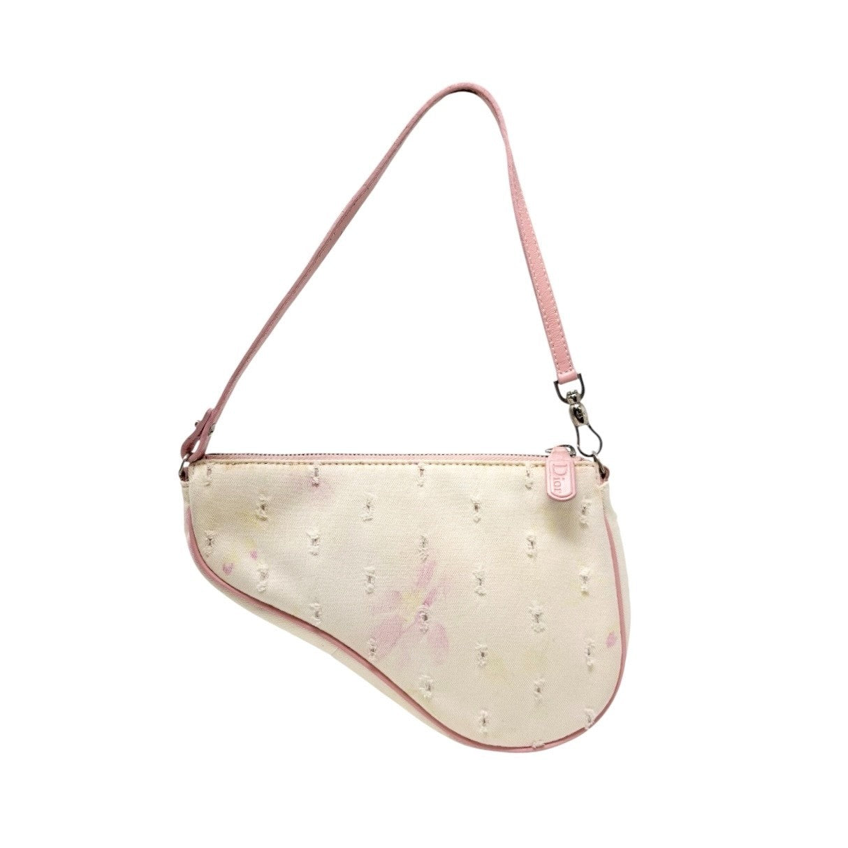Christian Dior Vintage 2003 Distressed Floral Denim Mini Saddle Bag White Pink