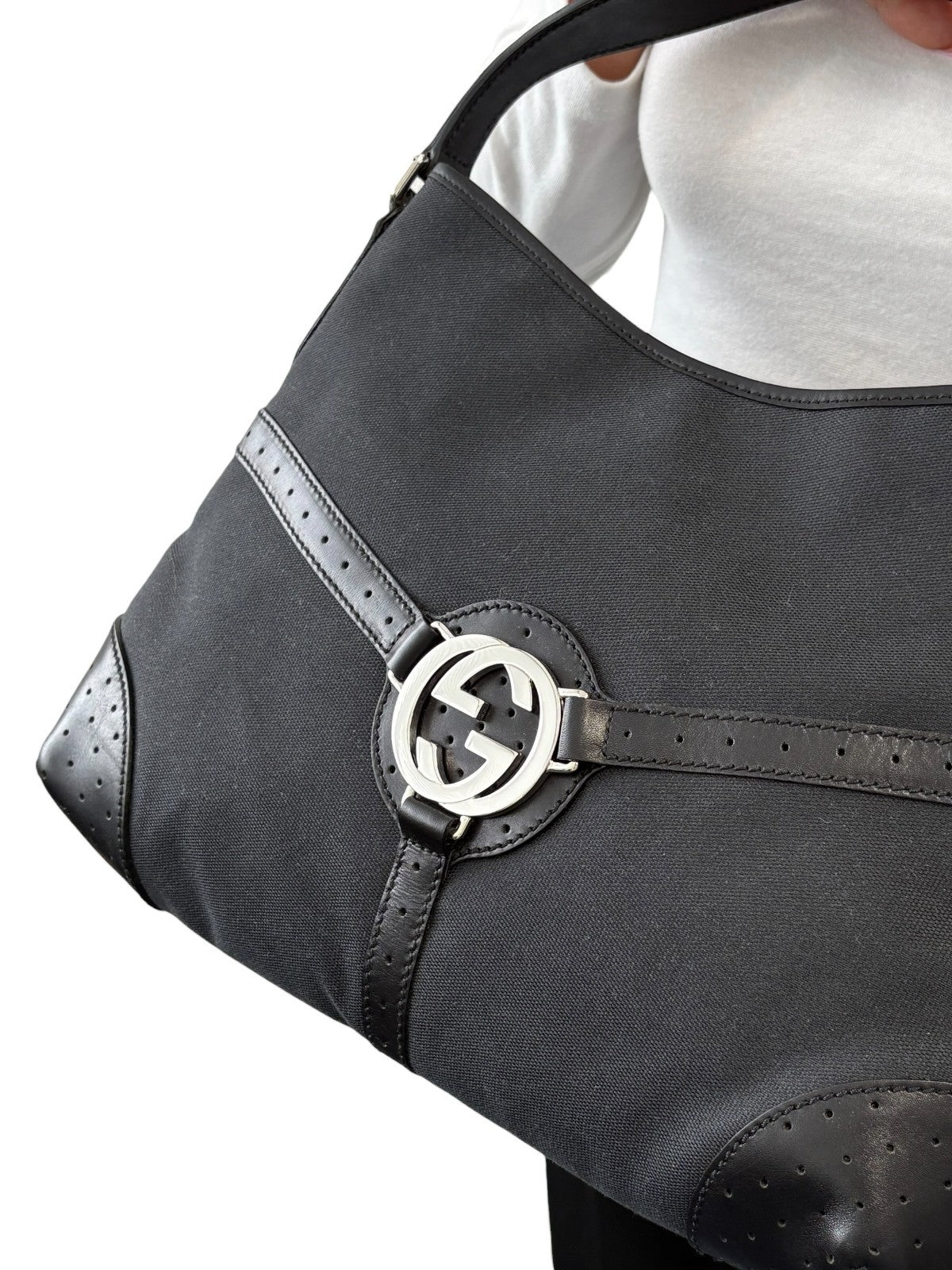 GUCCI Vintage Interlocking G Reins Perforated Cotton Hobo Bag Black Silver