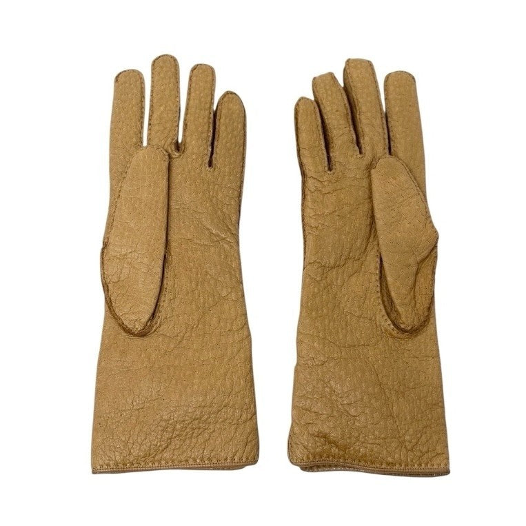 CHANEL Vintage CC Mark Logo Gloves Turn Lock #7.5 Leather Light Brown Gold