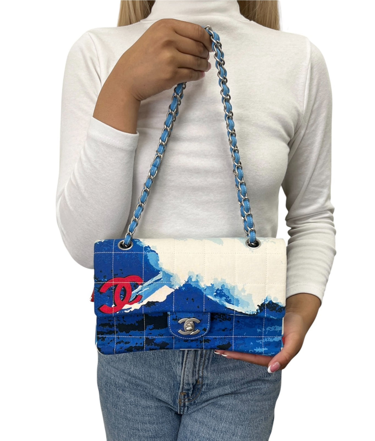 CHANEL Vintage CC Surf Turnlock Chain Flap Crossbody Bag Blue Canvas 902363