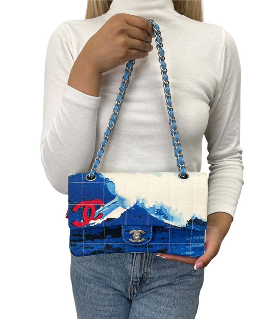 CHANEL Vintage CC Surf Turnlock Chain Flap Crossbody Bag Blue Canvas 902363