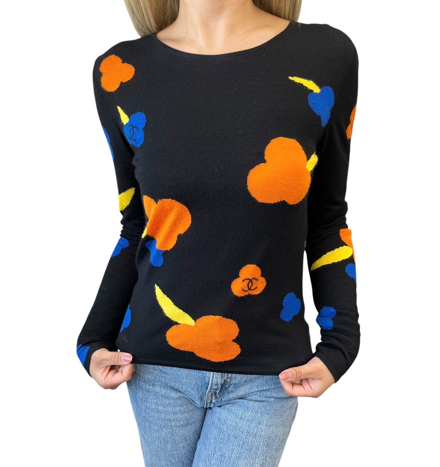CHANEL Vintage 00T CC Camelia Logo Knit Sweater #42 Black Orange Blue Viscose