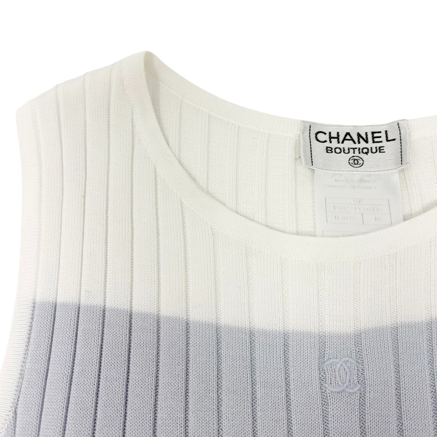 CHANEL Vintage 98P CC Stripe Rib Knit Tank Top #40 White Purple Cotton 902266