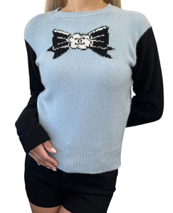 CHANEL Vintage 95A CC Ribbon Logo Sweater #38 Long Sleeve Top Blue Cashmere