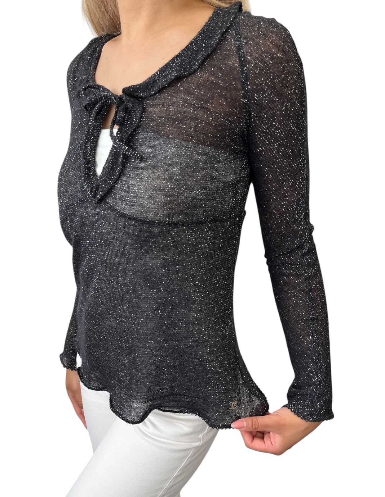 CHANEL Vintage 06A CC Logo Glitter Knit Top Black Wool Cashmere Long Sleeve
