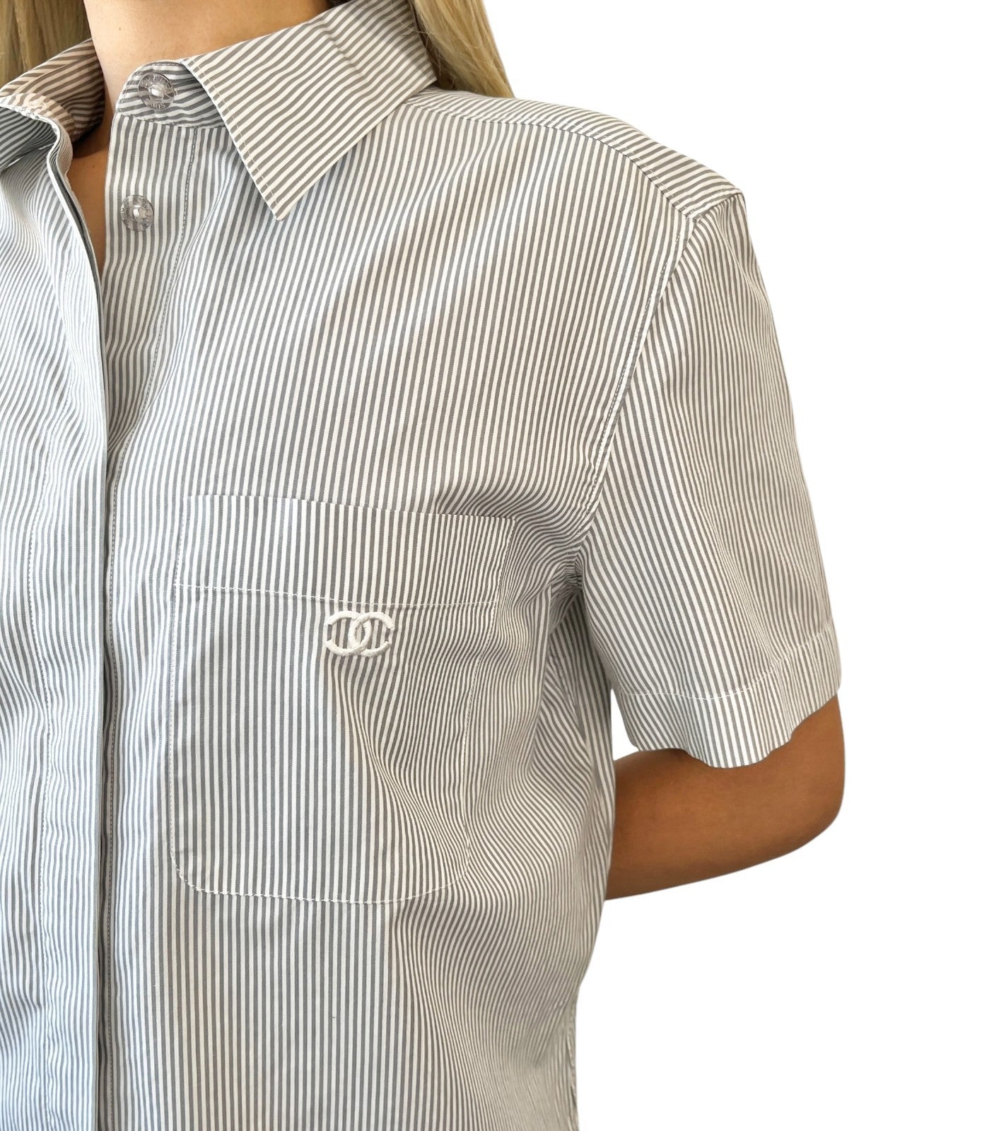 CHANEL Vintage 99P CC Logo Short Sleeve Shirt #40 Stripe Blouse Top Gray Pocket
