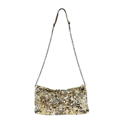 PRADA Vintage Triangle Logo Sequins Shoulder Bag Pochette Handbag Gold 902280
