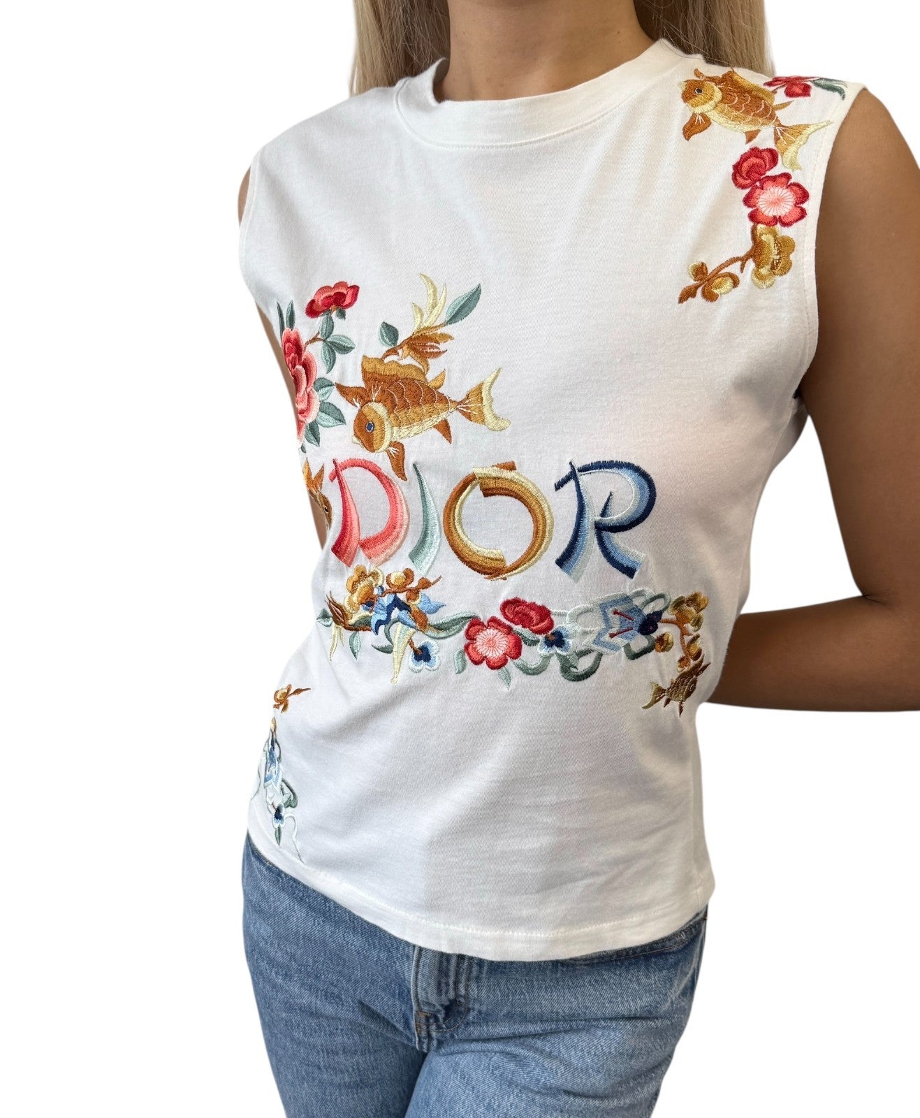 Christian Dior Vintage 2002 Goldfish Floral Embroidery Tank Top #38 White