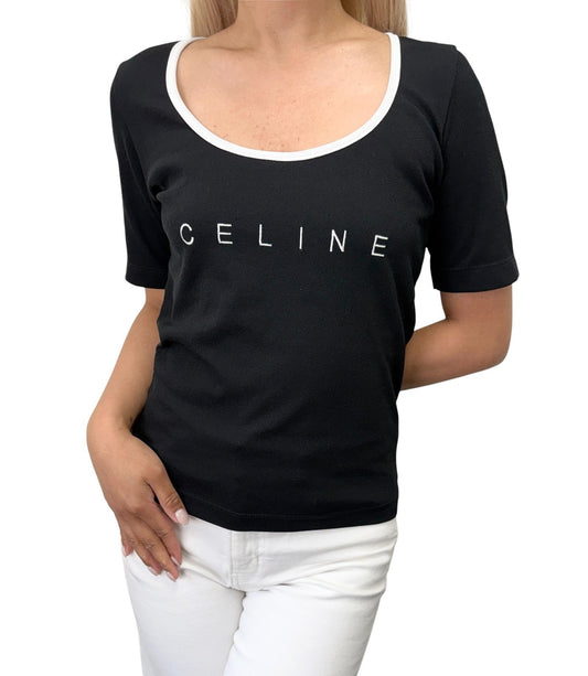 CELINE Vintage Logo T-shirt Top #38 Black White Short Sleeve Polyester 902429