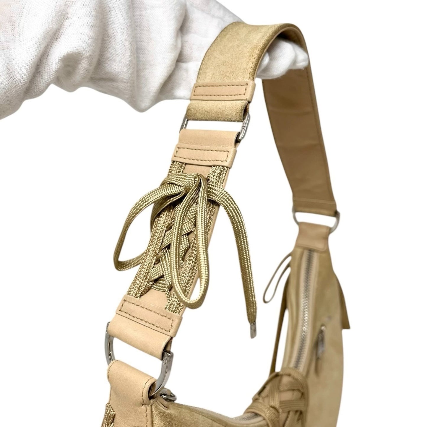 Christian Dior Vintage 2002 Admit It Suede Shoulder Bag Lace Up Beige Silver