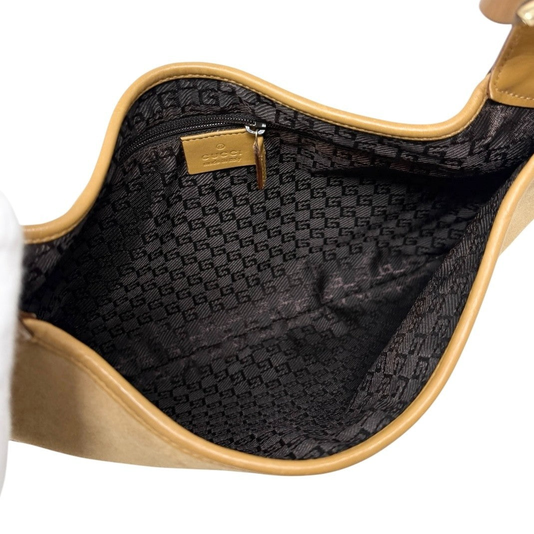 Gucci Vintage Bamboo Handle Hobo Shoulder Bag Beige Gold Suede Leather 902823