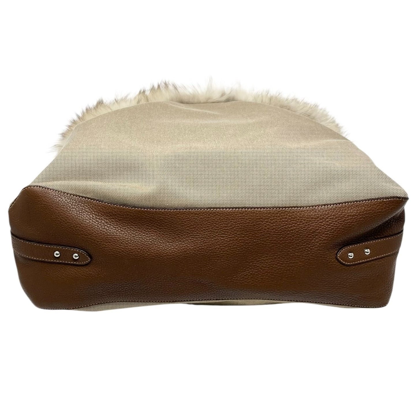 PRADA Vintage Logo Jacquard Fur Trim Canvas Shoulder Tote Bag Beige Brown