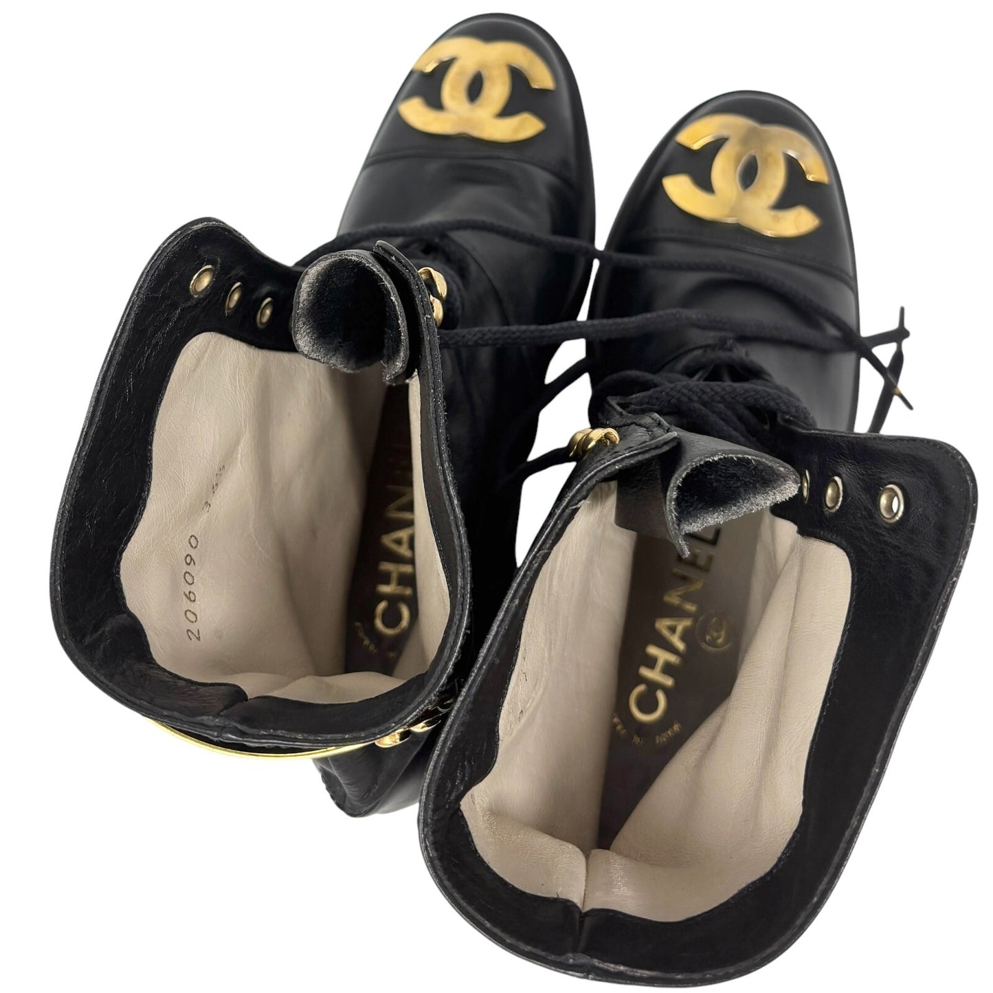 CHANEL Vintage CC Logo Lace-up Ankle Boots #36.5 Short Boots Black Gold Leather