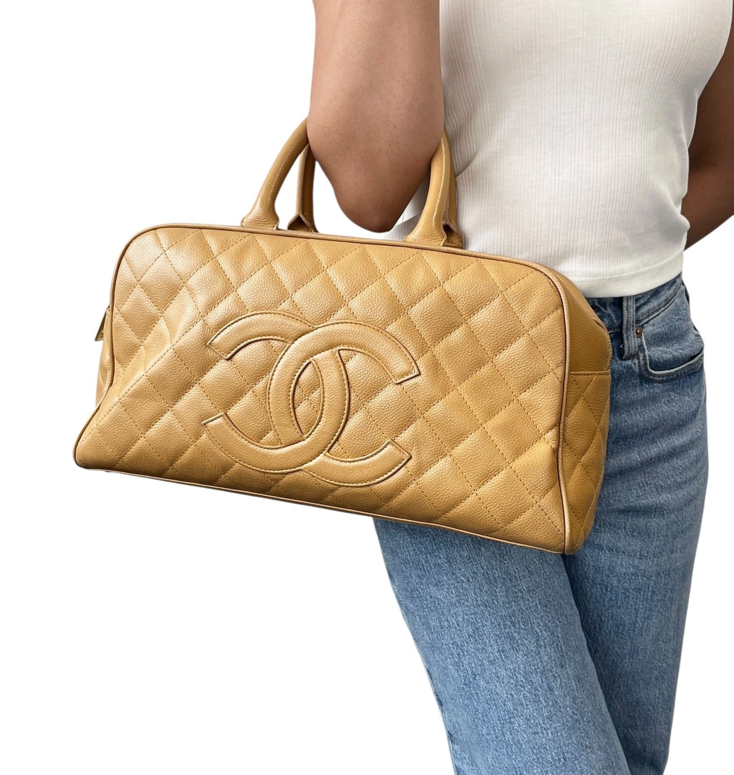 CHANEL Vintage Big CC Logo Quilted Leather Boston Bowling Bag Beige Gold Stitch