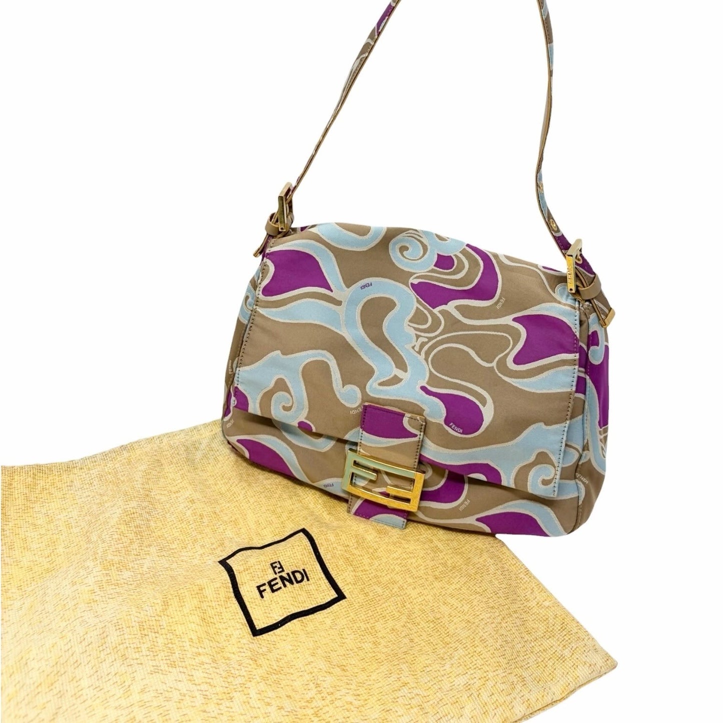 FENDI Vintage FF Logo Mamma Baguette Psychedelic Print Shoulder Bag Silk Beige