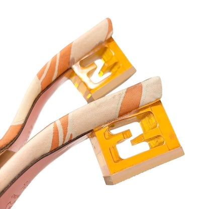 FENDI Vintage FF Logo Psychedelic Print Silk Sandals Heels #36.5 Orange 902028