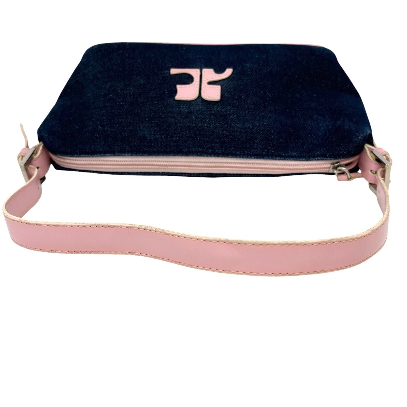 Courreges Vintage Logo Denim Shoulder Bag Pouch Blue Pink Zip Rank AB