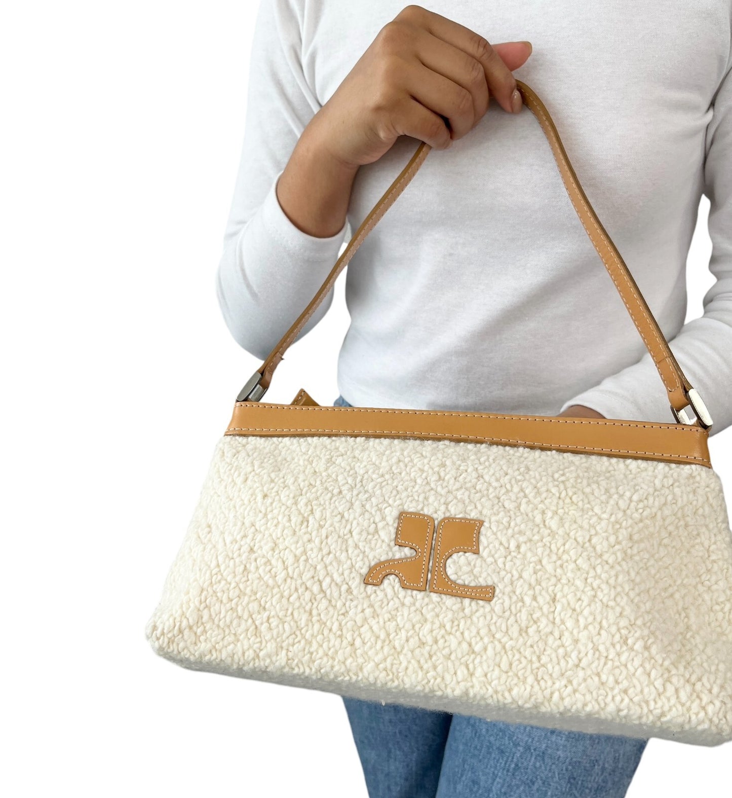 Courreges Vintage Logo Stitch Shoulder Bag Cream Brown Acrylic Leather Rank AB