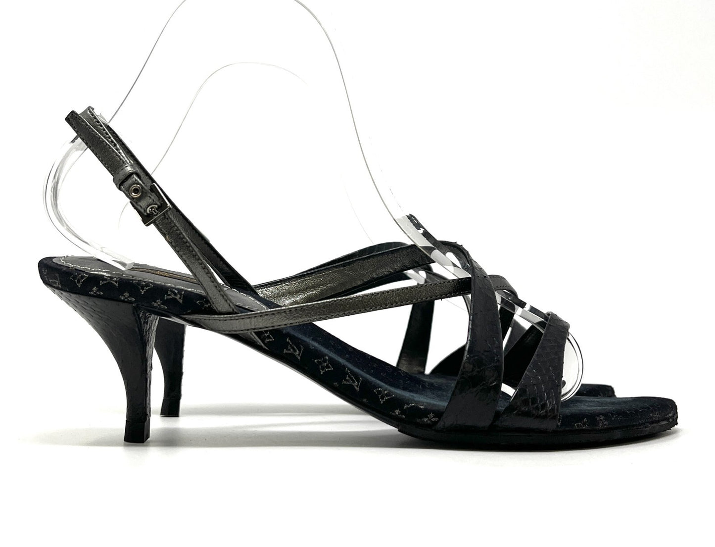LOUIS VUITTON Monogram Logo Sandals Heels #37 US6.5 Slingback Black Satin RankAB