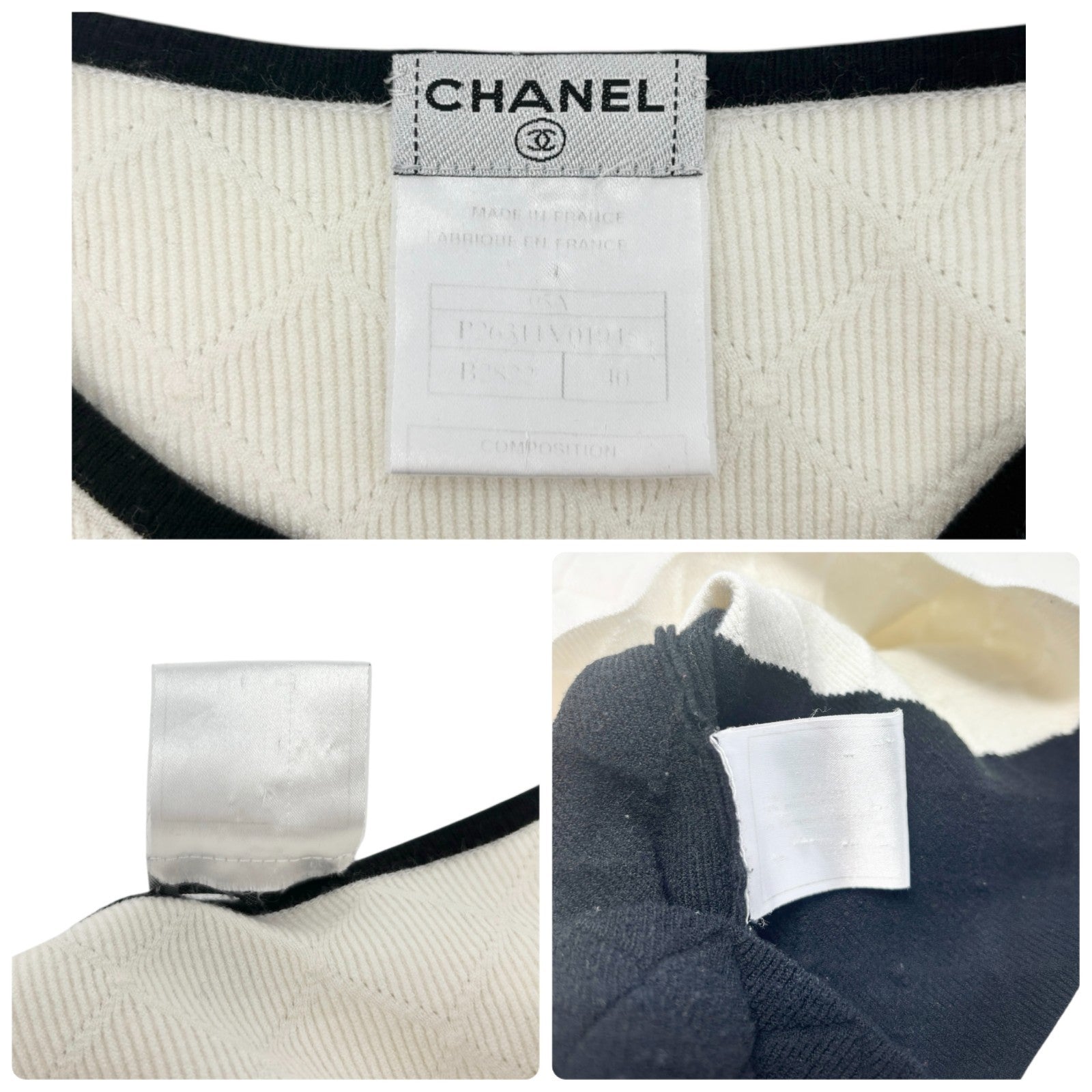 CHANEL Vintage 05A CC Logo Cambon Quilted Cashmere Knit Sweater Top #40 Cream
