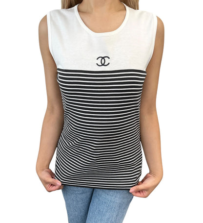 CHANEL Vintage CC Striped Sleeveless Tank Top #M White Black Cotton 902263