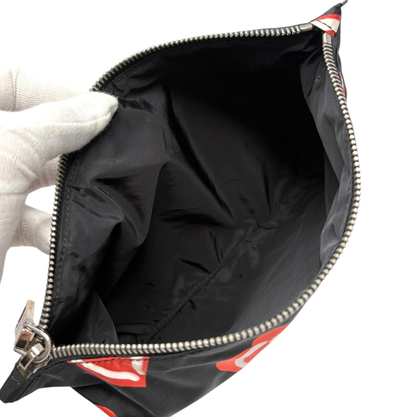 PRADA Vintage Logo Heart Pattern Print Tote Bag Handbag Pouch Black Red Nylon