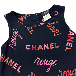 CHANEL Vintage 96P Rouge Logo Sleeveless Top #34 Button Black Silk Rank AB+