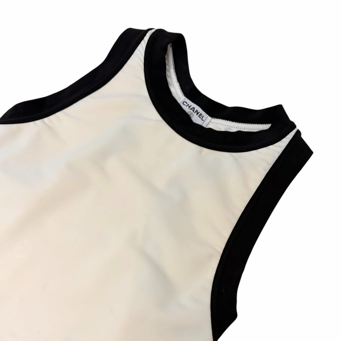CHANEL Vintage CC Logo Spandex Cropped Tank Top #38 Cream Black Nylon
