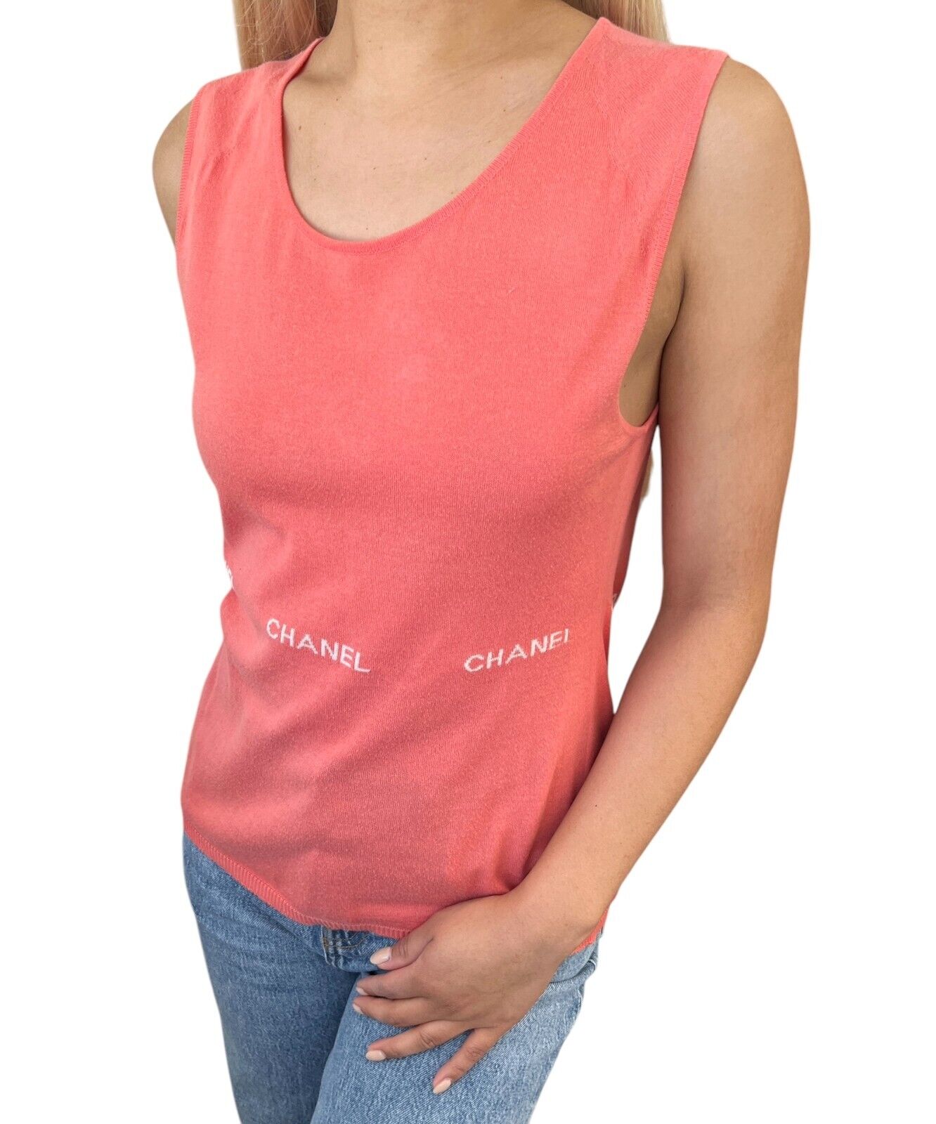 CHANEL Vintage 04P CC Logo Knit Tank Top #40 Sleeveless Top Orange Cotton