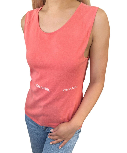 CHANEL Vintage 04P CC Logo Knit Tank Top #40 Sleeveless Top Orange Cotton