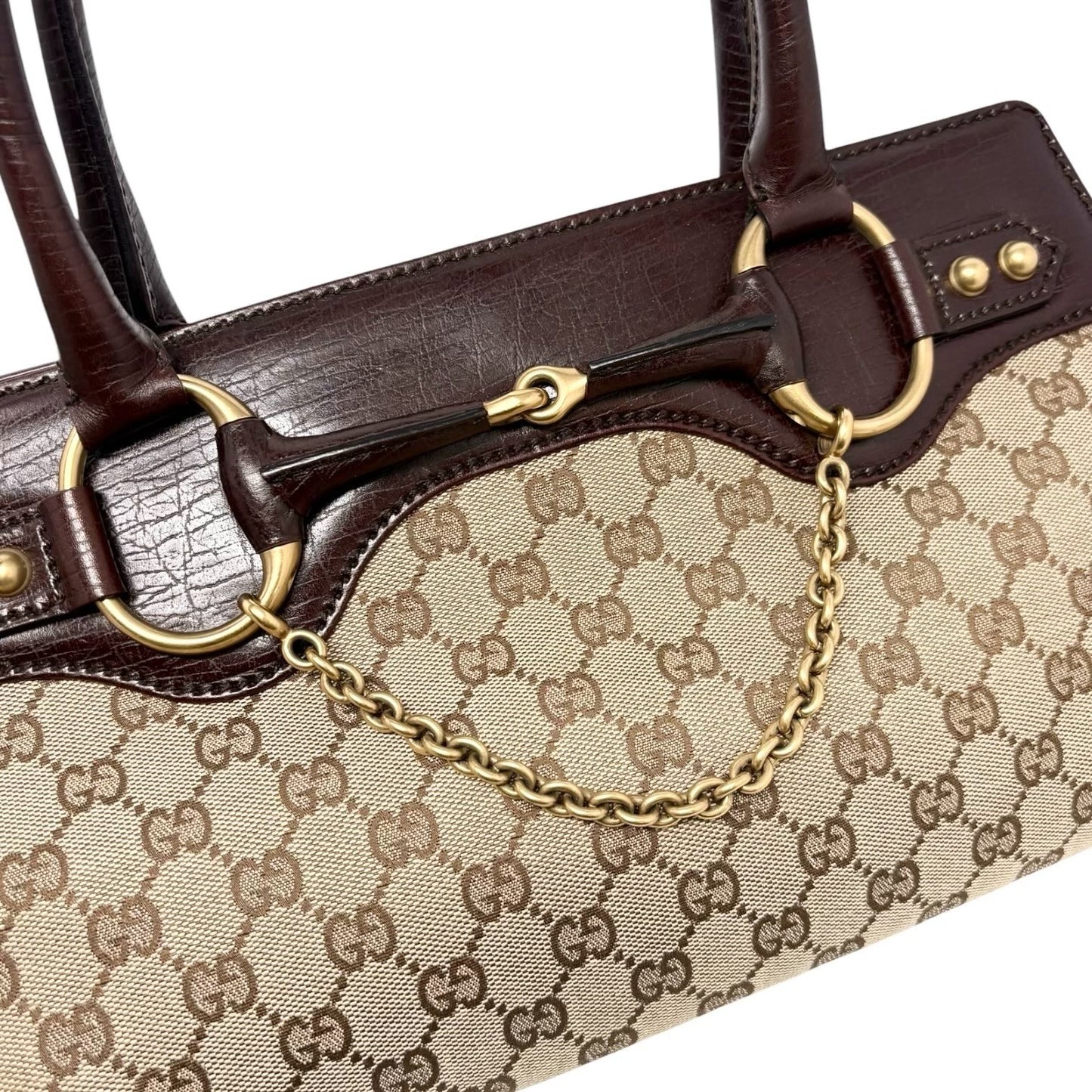 GUCCI Vintage GG Monogram Horsebit Chain Tote Bag Beige Brown Canvas 901926