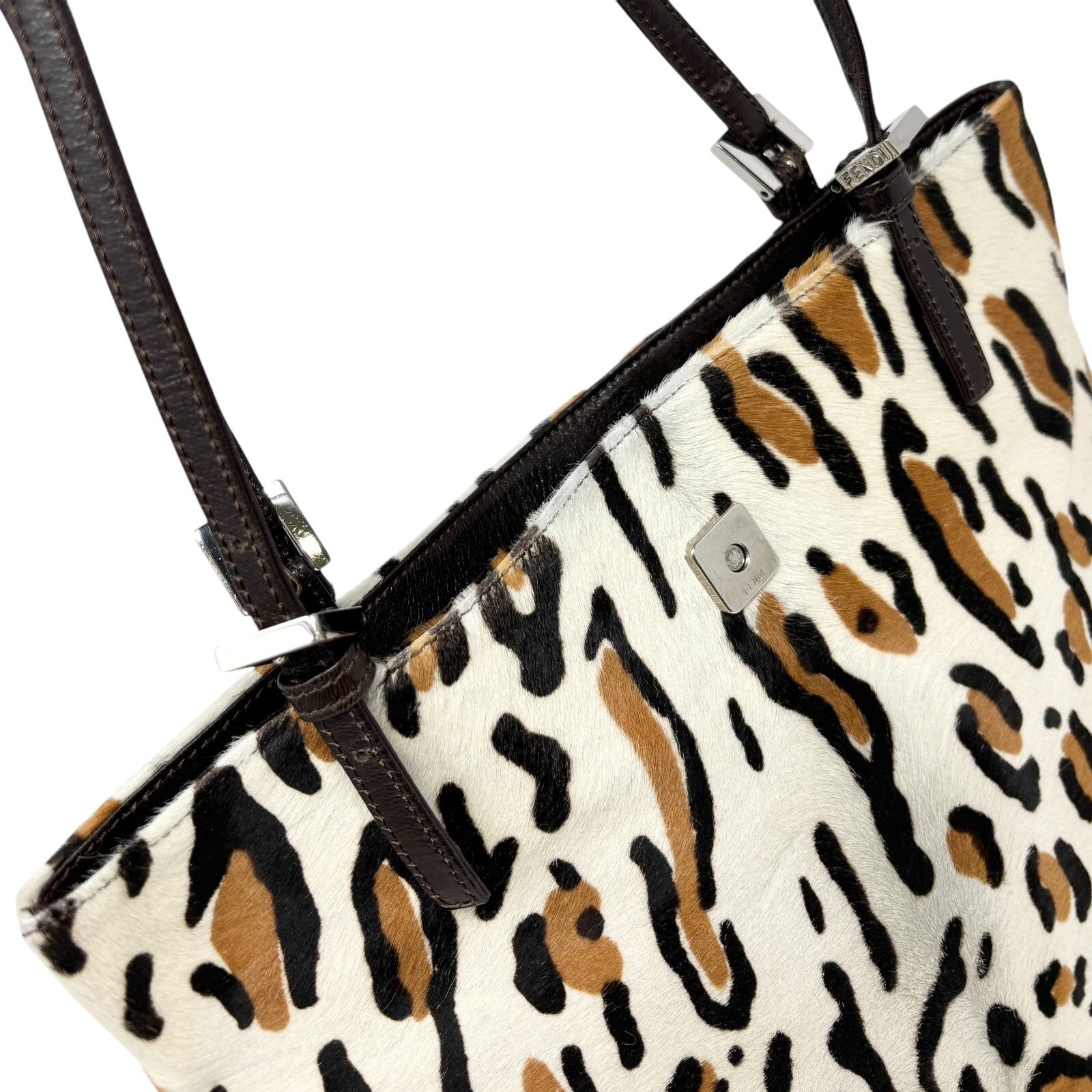 FENDI Vintage FF Logo Mamma Baguette Tote Bag Animal Print White Calf Hair