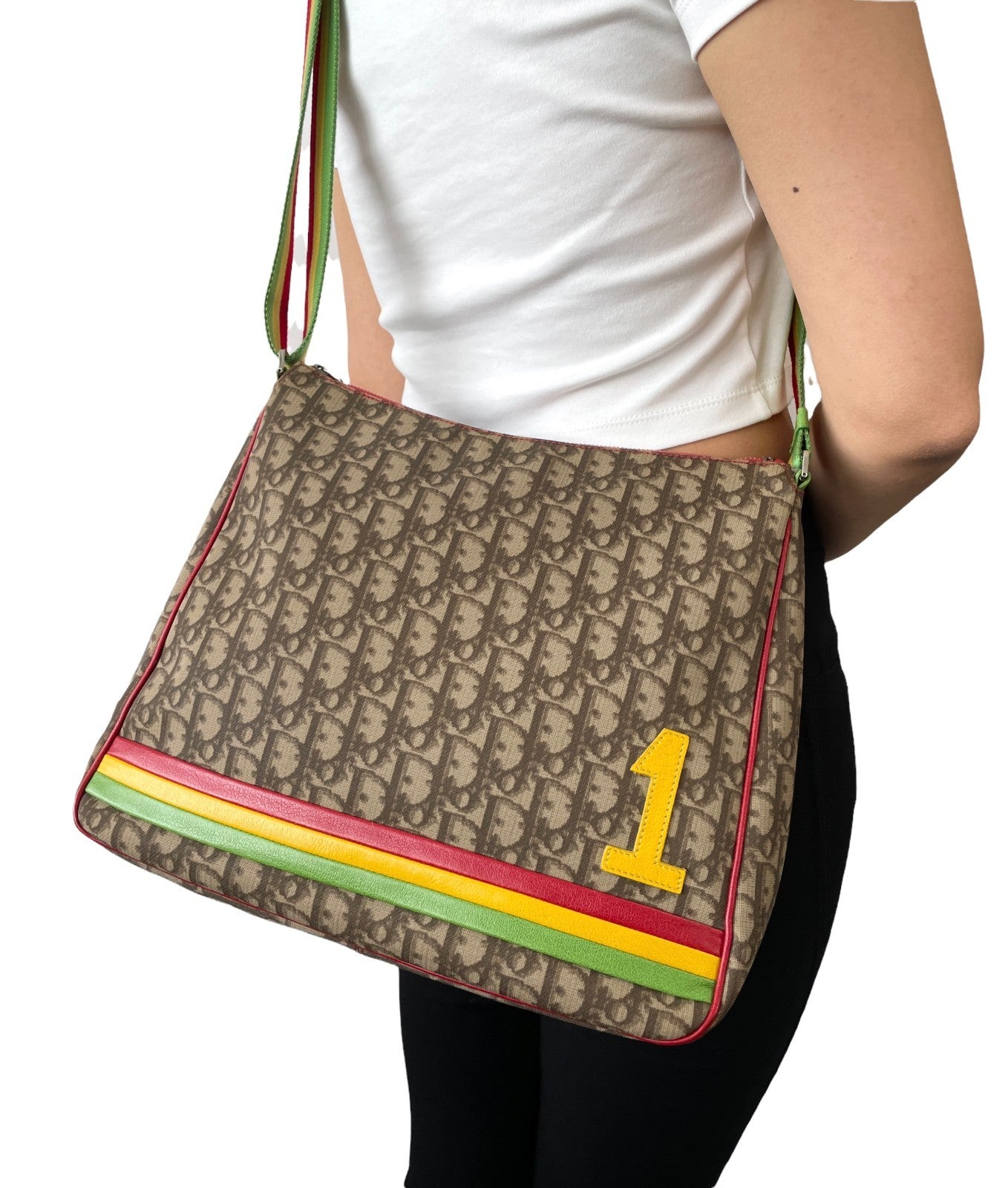 Christian Dior Vintage Rasta Trotter Monogram Crossbody Bag Beige PVC No