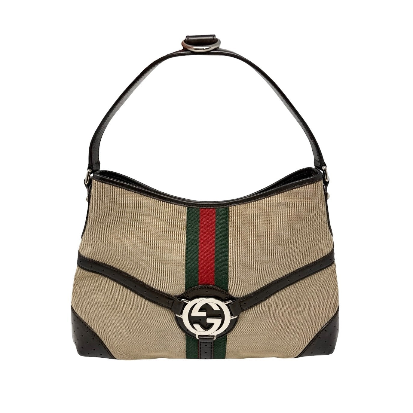 GUCCI Vintage Web Stripe Interlocking GG Logo Canvas Hobo Bag Brown 902575